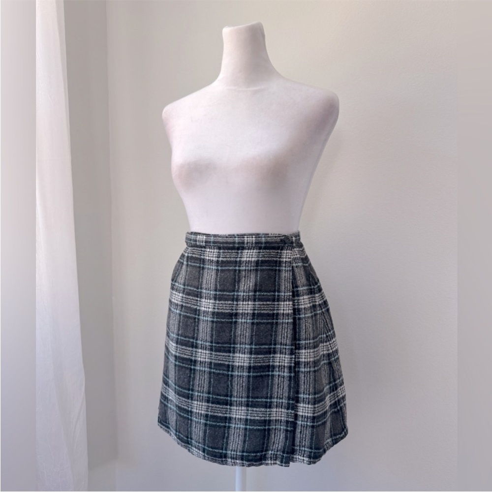 Vintage Y2K Evolution Not Revolution Black, White & Blue Plaid Wrap Mini Skirt